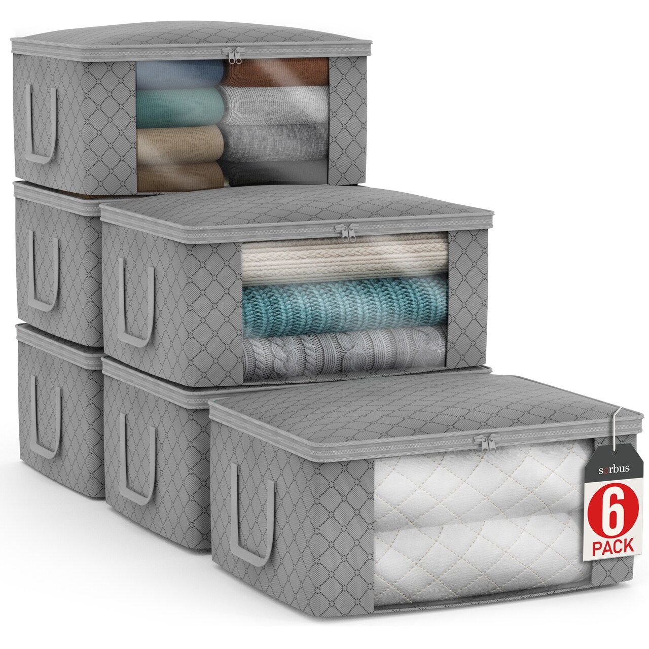 Sorbus Medium Clothes Storage Bags 6 Pack - Foldable Blanket Organizer Bins with Window, Lids, and Handles